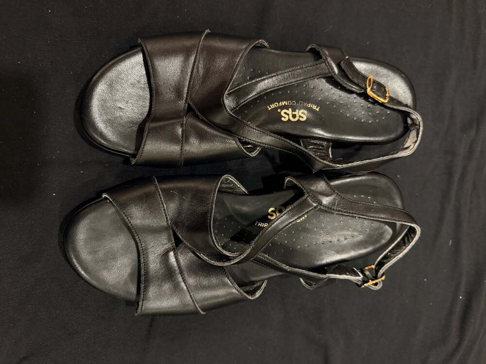 SAS Caress Cross Strap Wedge Sandal Black Leather Tripad Comfort